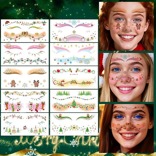 Christmas Temporary Tattoos Snowflake Christmas Tree Blush Face Tattoos Mixed Styles Cartoon Elk Eye Fake Tattoos Cute Holographic Stickers Waterproof Face Stickers for Girls Body Art Makeup 10 Sheets