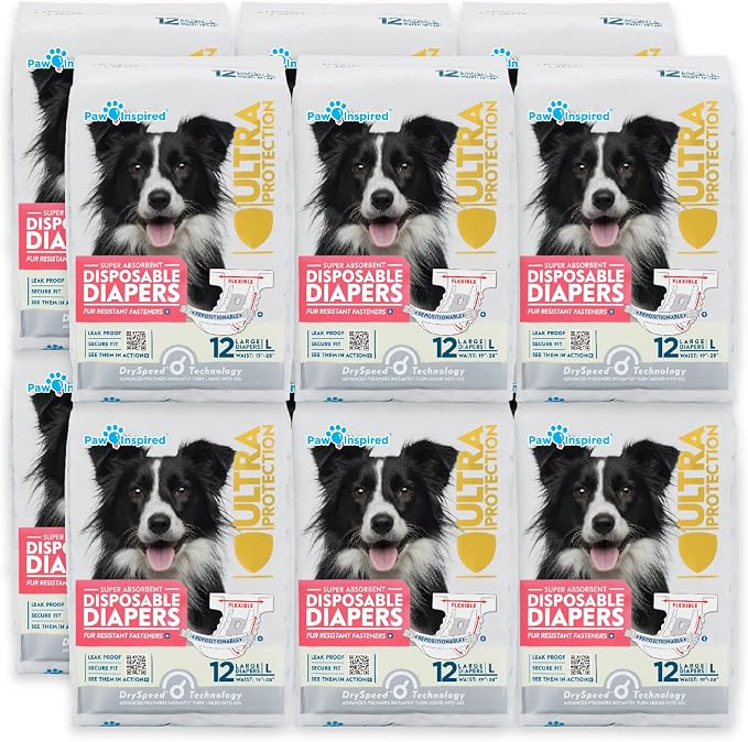 Paw Inspired Disposable Female Dog Diapers, Large Size, 144 Count | Ultra Protection, Adjustable Fasteners, Comfortable Fit, Leakproof Core, For Dogs in Heat, Excitable Urination, Incontinence