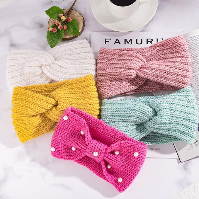 Whaline 5 Pieces Knit Headbands Winter Ear Warmers, 4 Elastic Turban Head Wraps and 1 Pearl Crochet Hair Band, Hair Scrunchies Scarves for Women Girls (Candy Colors)