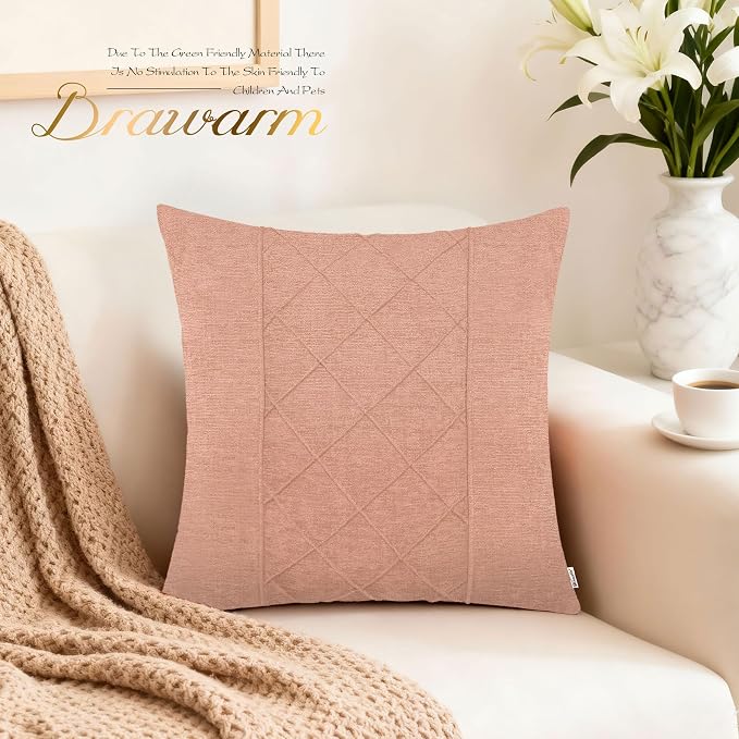 BRAWARM Chenille Throw Pillow Covers 16x16 Inches, Dusty Pink, 2 Pack | Decorative Pleated Pillow Covers, Soft Cushion Cases for Sofa Bed Living Room Home Farmhouse (No Insert)