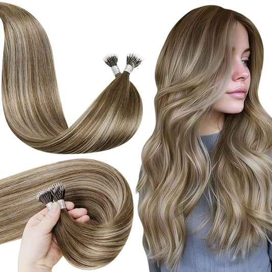 LaaVoo Nano Bead Hair Extensions Medium Brown Balayage Blonde Nano Hair Extensions Real Human Hair 24 in 50g 50s