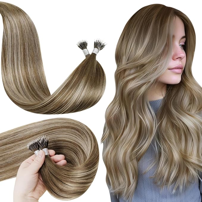 LaaVoo Nano Bead Hair Extensions Medium Brown Balayage Blonde Nano Hair Extensions Real Human Hair 22 in 50g 50s