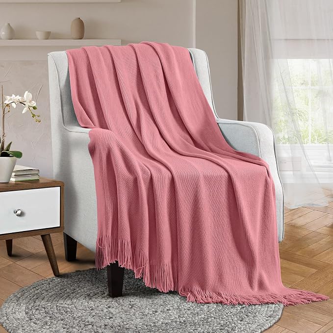 Vonty Dusty Pink Knitted Throw Blanket with Tassels Fringe, 50x60 Acrylic | Super Soft And Lightweight, Year-Round Cozy Warmth, Farmhouse Decorative Style, Machine Washable, for Couch, Sofa or Bed
