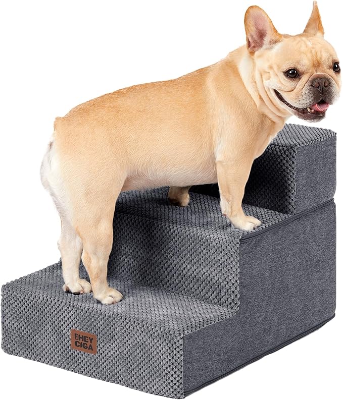 EHEYCIGA Dog Stairs for Small Dogs 13.5" H, 3-Step Extra Wide Dog Steps for Couch Sofa and Chair, Pet Steps for Medium Cats, Non-Slip Balanced Pet Ramp Indoor, Grey