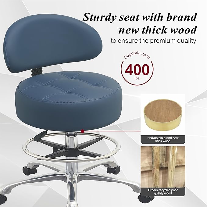 Adjustable Rolling Shop Stool with Back Support - Heavy Duty Kitchen Stool with Wheels for Salon, Spa, Massage, Tattoo, Esthetician - Extra Thick for Comfort