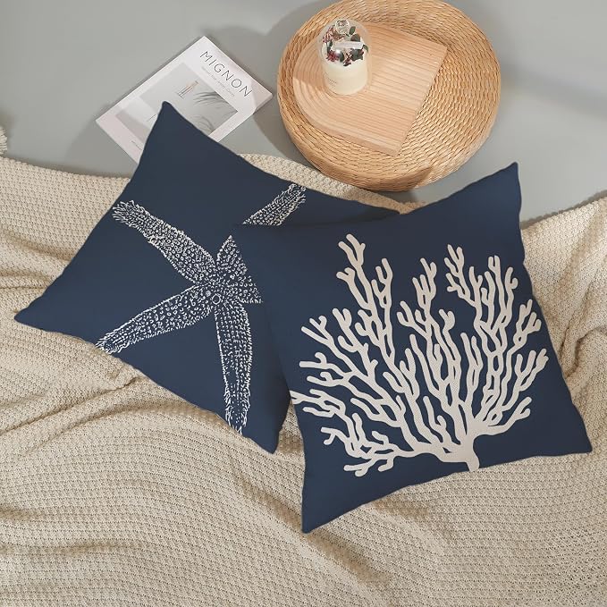 Blue Starfish Pillow Covers 24x24 Inch Set of 2, Nautical Ocean Coastal blue Coral Throw Pillows Spring Summer Decorations Linen Pillowcase Outdoor Decor Farmhouse Cushion Case for Home Holiday