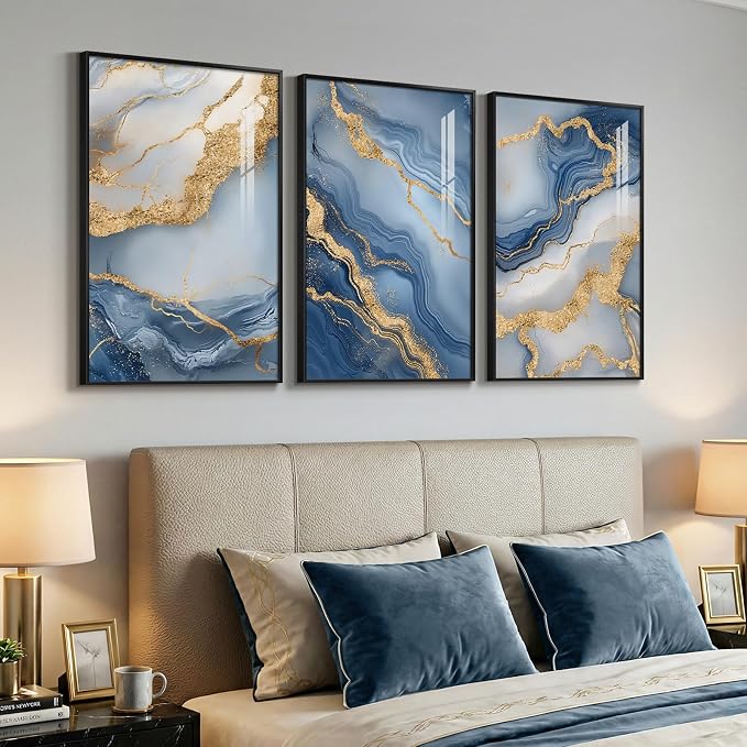 Large Framed Abstract Wall Art for Living Room, Modern Luxury 3 Piece Blue Gold White Prints Paintings for Walls, Elegant Marble Pattern Pictures for Dining Bedroom Hallway Office Home Decor 24x36 In