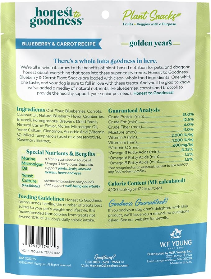 Honest to Goodness Plant Snacks Golden Years Senior Support Dog Treats, Blueberry & Carrot Recipe, 8oz | Crunchy, Plant-Based, Golden Years Senior Support, Enriched with Omega 3 Fatty Acids, Fortified with Postbiotics, USA Made
