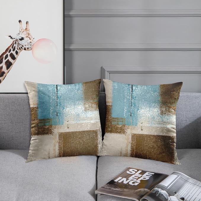 Throw Pillow Covers Set of 2, 16 x 16 Inch, Blue Beige Brown | Abstract Modern Art Outdoor Decorative Square Pillow Cases Couch Cushion Case for Couch Bed Sofa Living Room Home Decor