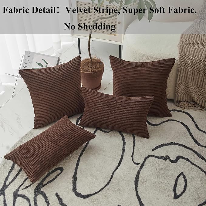 Home Brilliant Corduroy Pillow Covers Solid Plush Throw Pillow Cover Decorative Striped Throw Pillow Case 20x20 for Patio Porch Chair Furniture, 20 x 20 inch (50cm), Brown