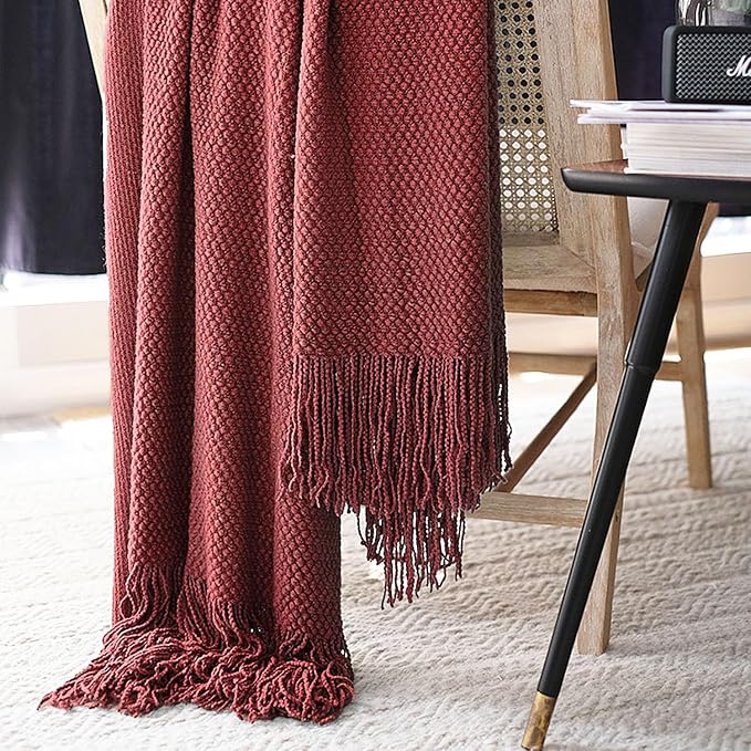 LOMAO Knitted Throw Blanket with Tassels Bubble Textured Soft Blanket Lightweight Throws for Couch Cover Home Decor (Red Mud, 50x60)