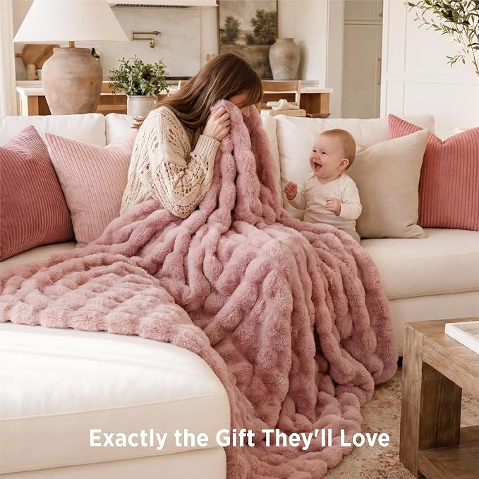 Bedsure GentleSoft Bubble Faux Fur King Size Blanket for Bed, Fluffy Fuzzy King Blanket for Winter, Soft Cozy Faux Fur Bedding Thick Warm Plush Decor for Bedroom, Dusty Rose, 104x90