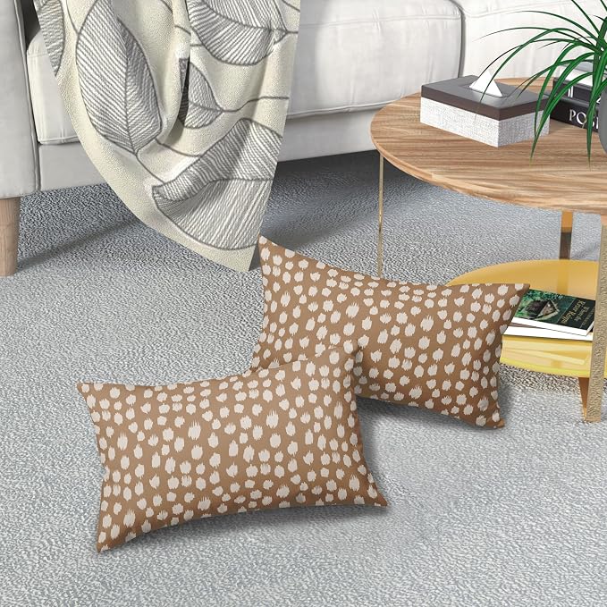Sweetshow Brown Cream Dots Lumbar Pillow Covers 12x20 Set of 2 Boho Design Polka Dot Print Throw Pillows Modern Outdoor Decorative Pillowcase Rectangle Linen Cushion Cases Decor for Sofa Couch Bed