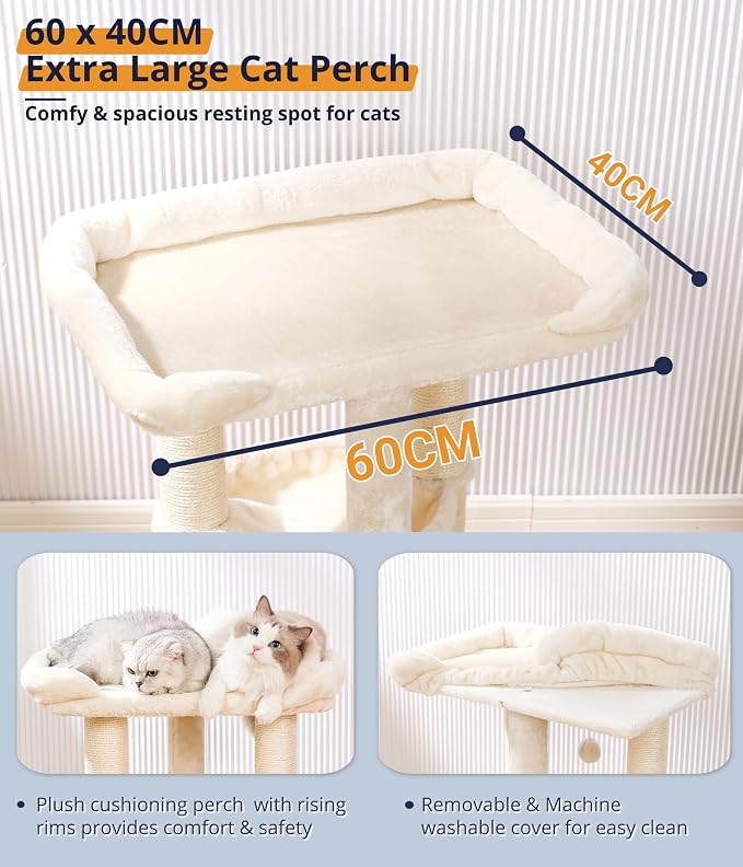 Cat Tree, Cat Scratching Posts with Large Bed for Big Cats | Small Cat Tower, 28" Tall For Window Viewing, 23.6"x15.7" Cat Perch Bed, Cat Hammock, Removable Cover, Solid Structure, Beige