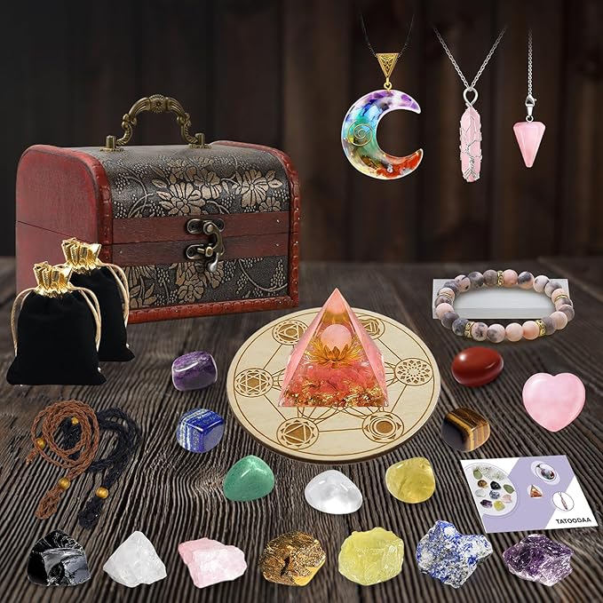 28 Pcs Healing Crystals and Stones, Chakra Crystal Set, 7 Chakra Stones Crystals Kit Pyramid Natural Real Raw Reiki Mditation for Beginners with Wooden Box, Gifts for Women, Valentine's Day Gift
