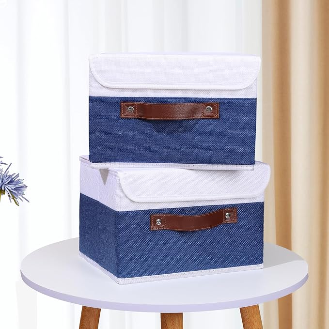 ANMINY Fabric Storage Box Bins with Lids, Blue White, 10"x8"x7", 2 Pack | Keepsake Memory Storage, Cotton Linen, PP Board Reinforced, Washable, PU Handles, Foldable & Stackable, Decorative, Small