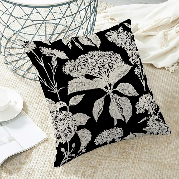 Floral Pillow Covers 18x18 Set of 2 Black Beige Hydrangea Herbs Botanical Throw Pillow Cover Outdoor Decor Vintage Boho Flower Pillowcase Farmhouse Decorative Linen Cushion Case for Home Couch