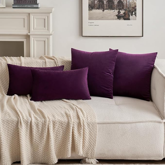 MIULEE 12x20 Inch Lumbar Velvet Throw Pillow Cover Set of 1 Eggplant Purple | Soft Luxury Decorative Throw Pillow Cover, Single Rectangle Cushion Case, Home Decor for Chair Couch Sofa Bedroom Car Bed