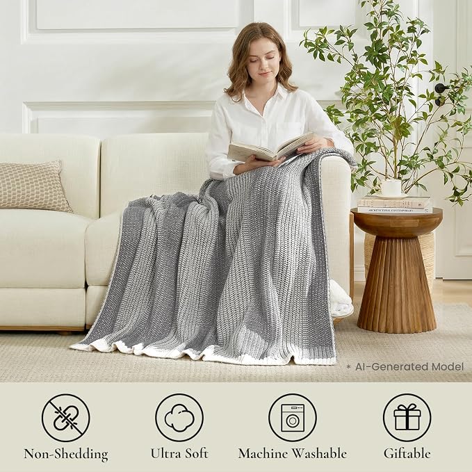 Premium Chenille Throw Blanket, Soft Cozy Luxury Two-Tone Knit Blanket for Couch, Sofa, Chair, Home Decor, Grey & Ivory 50"x60"