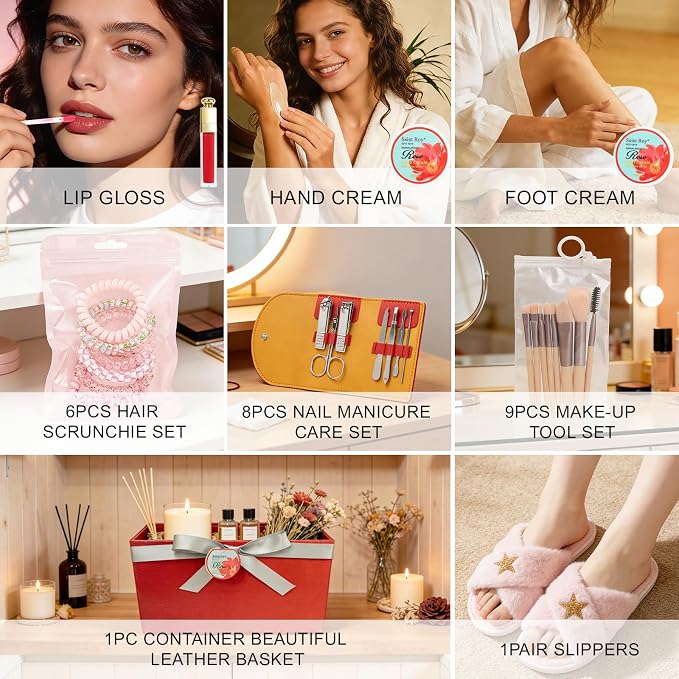 35Pcs Spa Kit Gift for Women, Sandalwood Red Rose Bath and Body Basket Gift | Face Skin Care Kit, Home Spa Self Care, Lip Gloss, Birthday, Christmas, Mother, Bridal Shower, Anniversary for Mom Pamper Kit