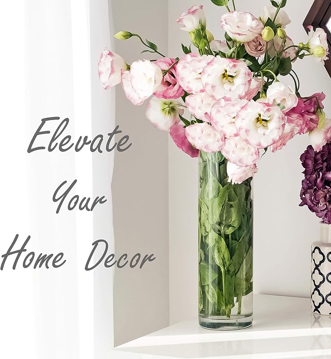 CYS Excel Clear Glass Cylinder Flower Vase, 14" Height x 4" Diameter, Elegant Hand-Blown Glass Wedding Floral Centerpiece Versatile Hurricane Candle Holder