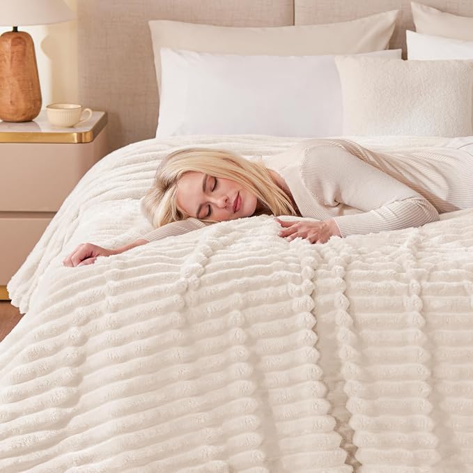 EXQ Home Fleece Throw Blanket for Couch or Bed - 3D Stripe Jacquard Decorative Blankets - Cozy Soft Lightweight Fuzzy Flannel Blanket Suitable for All Seasons(50"×60",Beige)