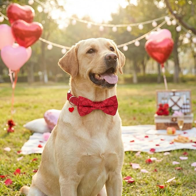 ADOGGYGO Valentine Dog Collars with Bow, Detachable Heart Sunburst Print Bowtie, Metal Buckle, Adjustable Valentine Collars for Large Dogs Boy Girl (Large)