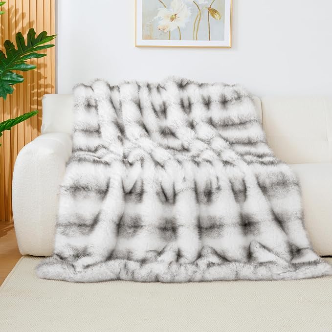 Luxury 1000GSM Faux Fur Throw Blanket, Super Thick Warm Cozy Heavy Blankets for Couch Bed Sofa, Plush Fuzzy Elegant Winter Reversible Mink Blanket for Living Room Bedroom 50''x60'', Grey