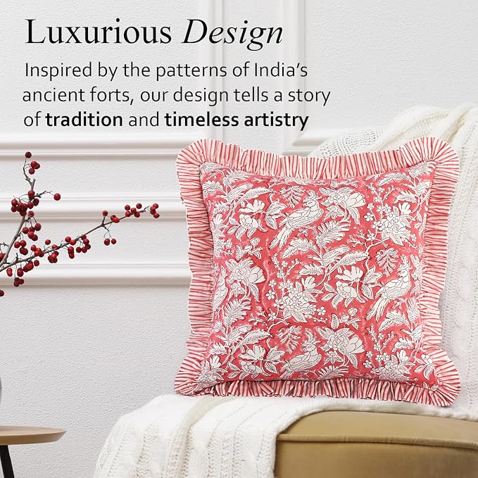 CPC Pink Coral Ruffle Throw Pillow Covers for Couch, 20x20 Inch Cotton Stripe Ruffle Couch Pillows for Living Room, Hidden 16 Inch Zipper Boho Pillow Case or Cute Outdoor Pillows
