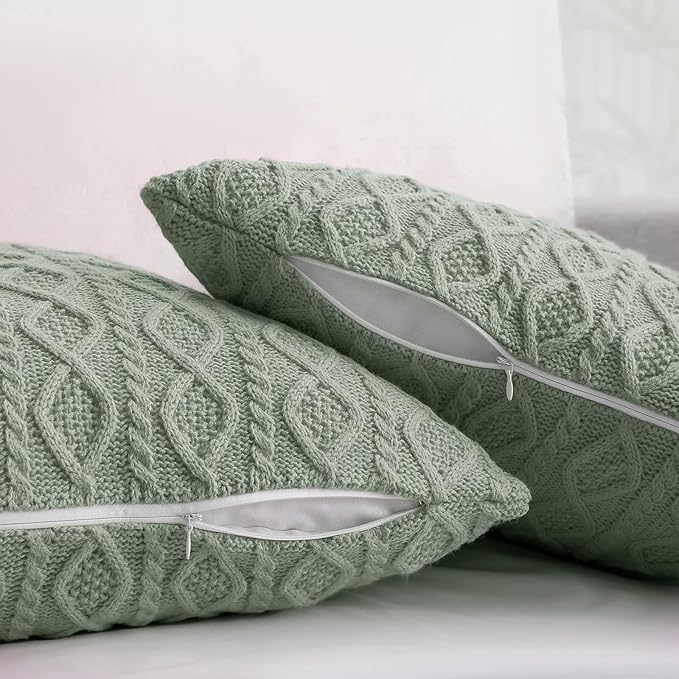 Homiest Sage Green Cable Knit Throw Blanket Set of 3, with 2 Pillow Covers | Pure Acrylic, Lightweight & Breathable, All-Season Use, Machine Washable, Wrinkle & Fade Resistant, for Couch Bed And Sofa