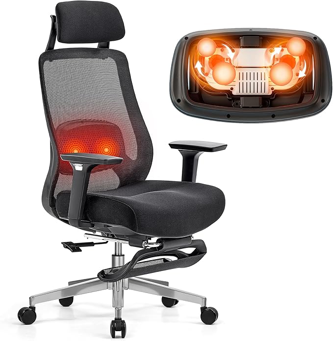 FLEXISPOT MasterEase Massage Office Chair with Footrest, High Back Ergonomic Desk Chair with Adjustable Headrest, 3D Armrests, 2D Lumbar Heated Massage, 4-Position Recline, Foam Seat, Black