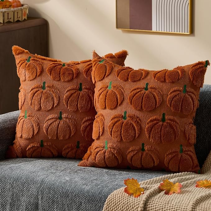 DFXSZ Fall Pillow Covers 20x20 2Pcs Rust Green Pumpkin Fall Decorations | Fall decor Set of 2 Throw Pillow Cases Soft Plush Faux Fur Wool Couch Cushion for Chair Sofa Bedroom Living Room Home Decor