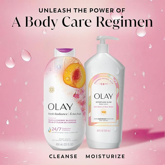 Olay Body Wash for Women, Fresh Radiance, 24/7 Skin-Loving Freshness, Visibly Radiant, Plant Based Cleansers, Vitamin B3 & Antioxidant Blend, For All Skin Types, Peach & Cherry Blossom Scent, 22 fl oz