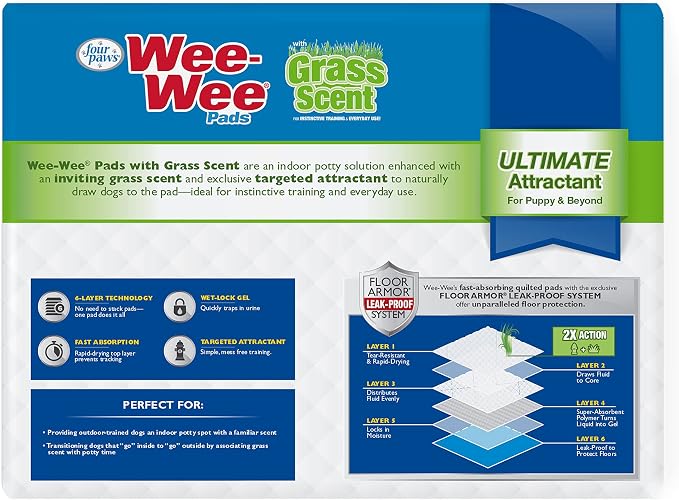 Four Paws Wee-Wee Ultimate Attractant Dog Pee Pads for Instinctive Training, Leak-Proof Floor Protection Dog & Puppy Quilted Potty Training Pads, Grass Scent, 22" x 23" (50 Count) | Smells like real grass, leak-proof puppy pads, dog housebreaking & pot...