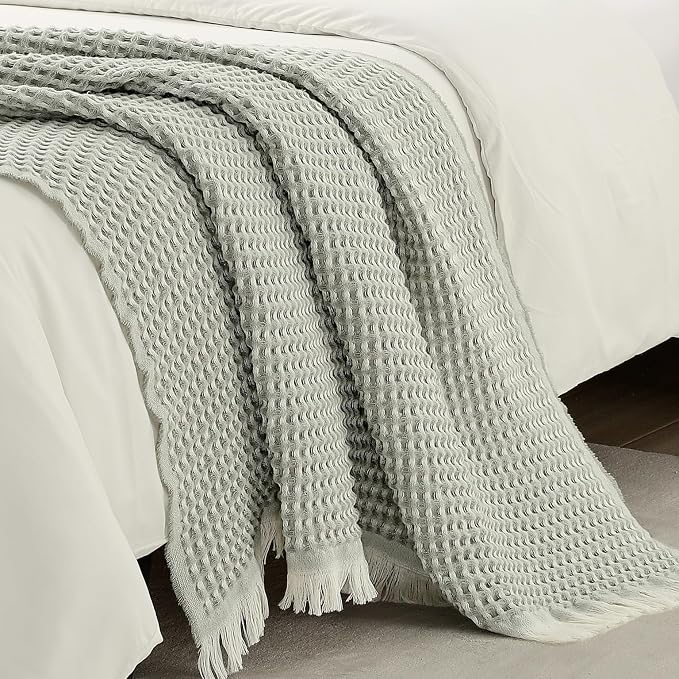 CREVENT Farmhouse Boho Knitted Throw Blanket for Couch Sofa Chair Bed Home Decoration, Soft Warm Cozy Light Weight for Spring Summer Fall (50''X60'' Waffle Green)