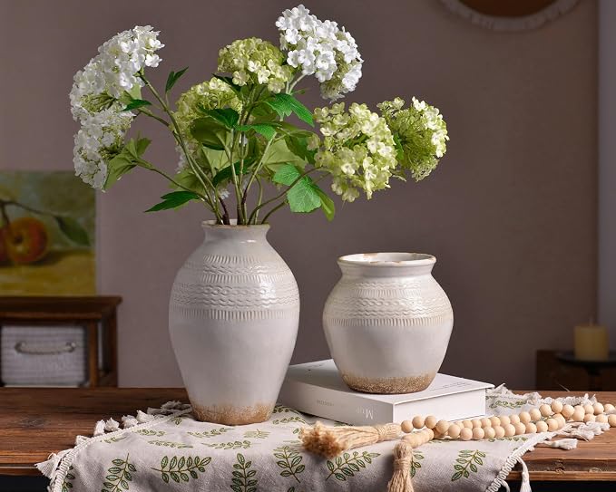 9.3 Inch Ceramic Rustic Flower Vase, White Boho Framhouse Vases Home Decor