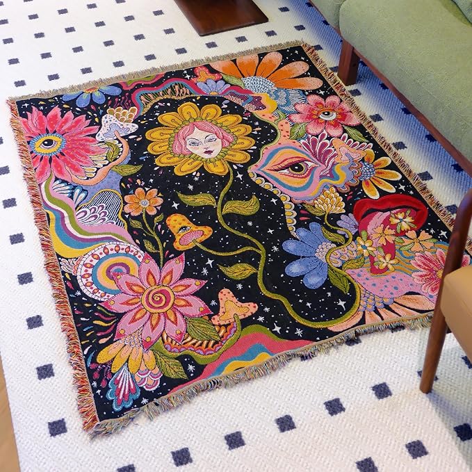 Hippie Flower Boho Throw Blanket for Couch Bed Chair Lounge Hippie Room Decor Reversible Cotton Woven Whimsical Throw Blanket Witchy Room Decor Throws Bed Spread Outdoor Camping Blanket 51x59 Inches