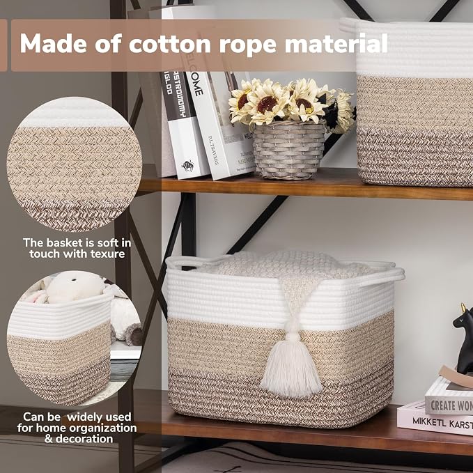 Goodpick Woven Storage Basket for Shelves, 13" x 10" x 9", Gradient Brown | Stylish Gift Basket for Home Decor, Cotton Rope Baskets for Books, Dog Toys & Towels Storage, Shelf & Closet Organization