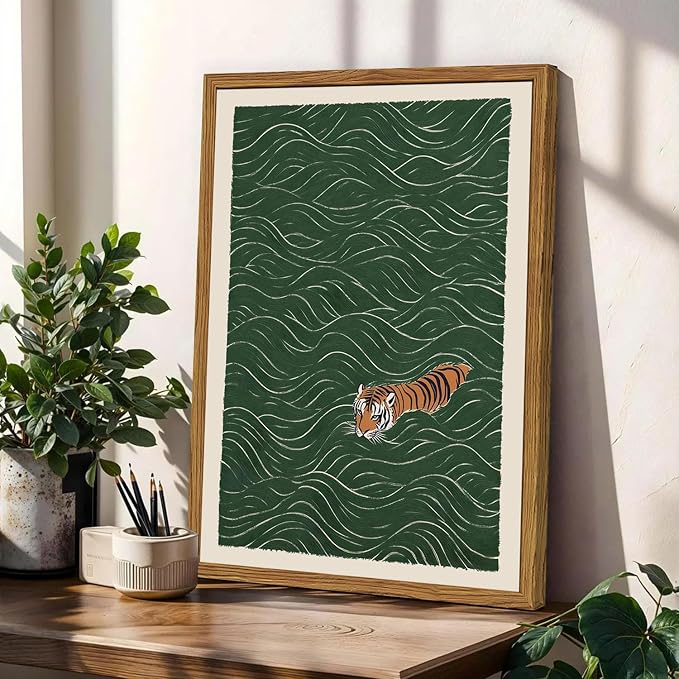 Framed Japanese Tiger Wall Art, Vintage Tiger Swimming Pictures Wall Decor, Funny Wild Animal Paintings Canvas Prints Eclectic Home Decor for Living Room Bedroom Bathroom 16x24 inch