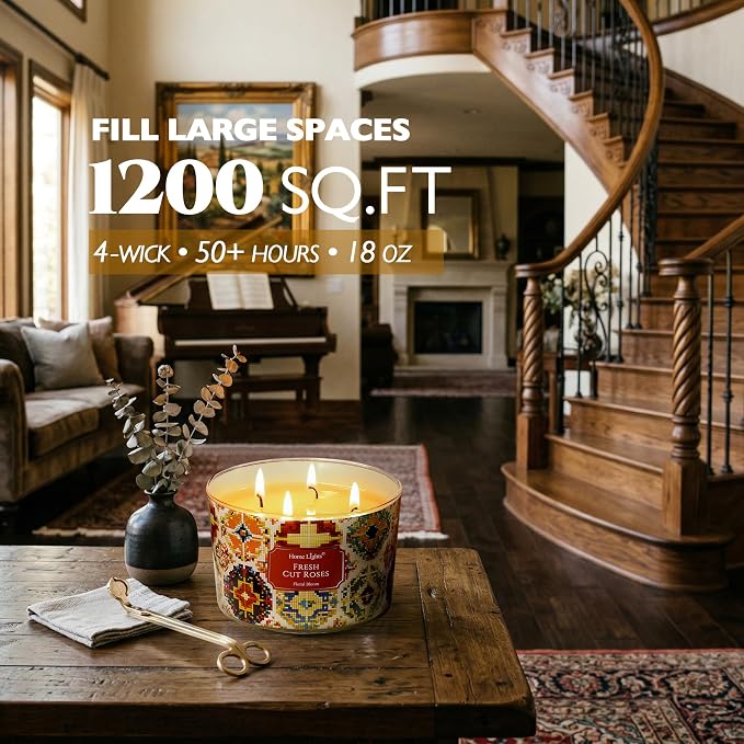 HomeLights 4-Wick Candles for Home Scented - 18oz Soy Wax Blend Candle Long-Lasting Fragrance, Bohemian Natural Textures Home Decor and Housewarming Gifts, Fresh Cut Roses