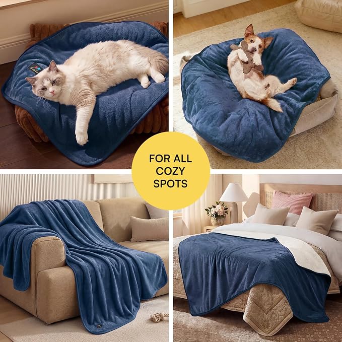 Luciphia Waterproof Pet Blanket, Washable Reversible Sherpa Fleece Throw | Liquid-proof furniture protector for bed and couch, soft reversible sherpa fleece for dogs, cats blue, M