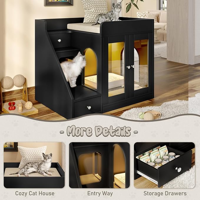 Cat Litter Box Enclosure with Light, Hidden Litter Box Furniture with 2 Storage Drawers & Smart Doors, Cat House Side Table for Living Room Entryway (Black)