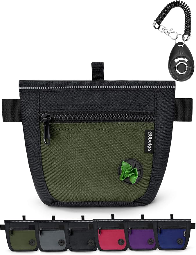Gobeigo 2 Cup Dog Treat Pouch with Training Clicker(Black/Army Green) | 2 Pair Magnetic Closures, Zipper Pocket with Poop Bag Holder, Waist Belt & Metal Clip to Wear for Pet Training/Daily Walking