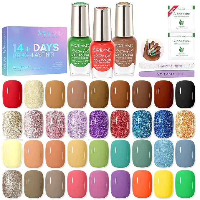 SAVILAND 36 Colors Nail Polish Set Quick Dry: Brown Black Glitter Locked X Tech Regular Nail Polish Kit Fingernail Polish with Top Base Polish Coat 39 Pcs Home Salon Travel Set