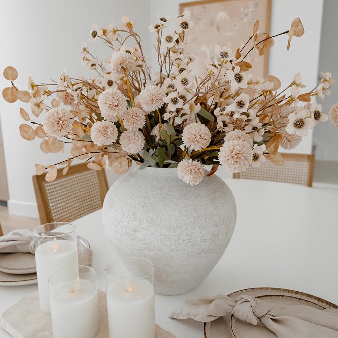 SilkSerenade Large White Round Vase for Flowers & Table Centerpieces - 11 Inch Rustic Textured Earthy Stone Look, Matte Big Vessel Decorative Arina Modern Farmhouse Wabi Sabi Decor Living Dining Room