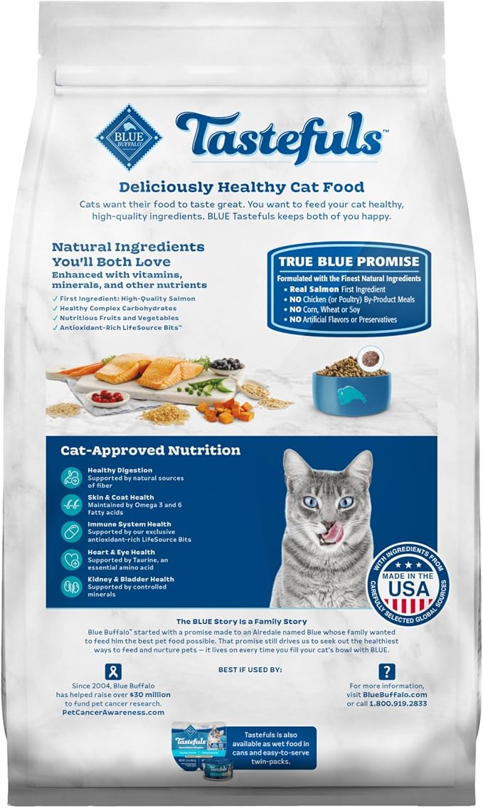Blue Buffalo Tastefuls Salmon Adult Indoor Dry Cat Food, 10 lb | Salmon & Brown Rice Recipe, Kidney & Bladder Health, Antioxidant-Rich LifeSource Bits