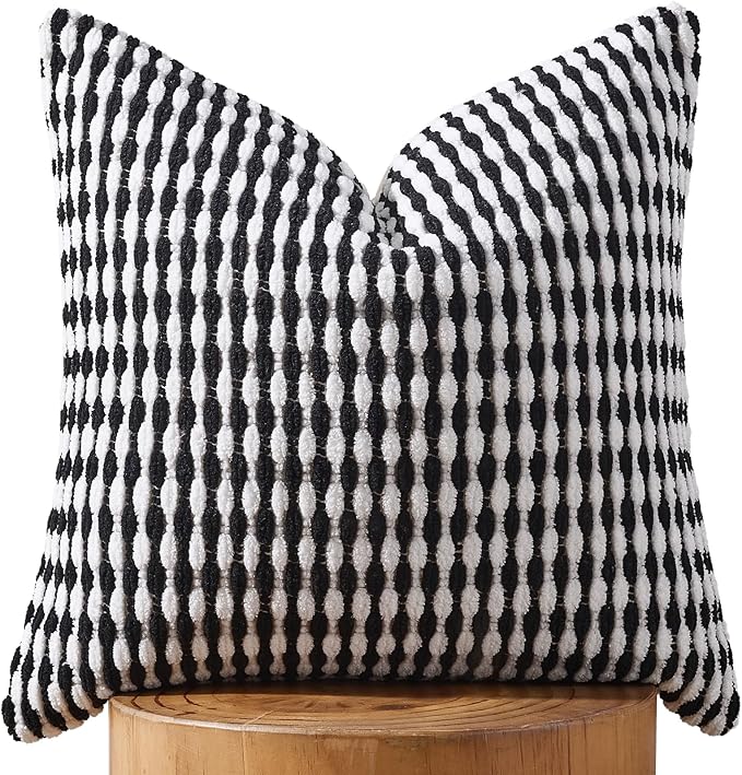 Boho Chenille Pillow Cover Decorative Tufted Pillowcase for Couch Bed Sofa Bedroom Living Room Modern 18 x 18-Inch Black