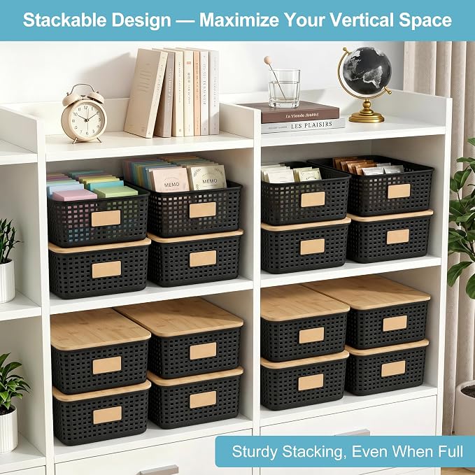 4 Pack Plastic Storage Bins with Bamboo Lids, 6.2qt Stackable Storage Organizer Box with Lable for Pantry Shelves Drawers Desktop Office, 12"L x 8.3"W x 3.5"H, Black