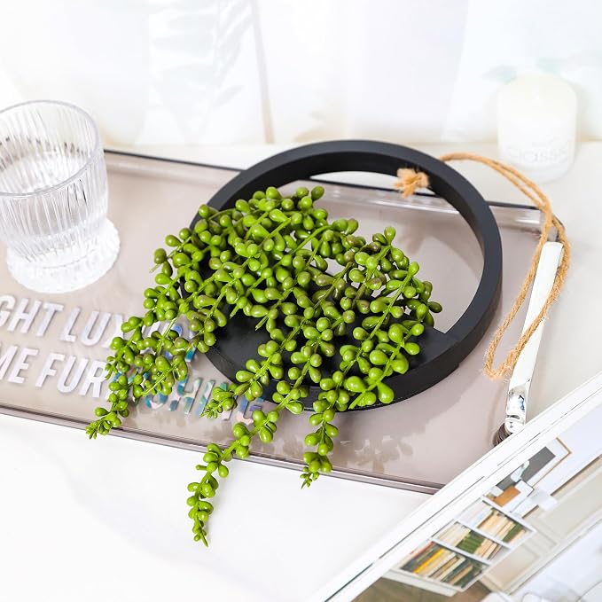 2pcs Artificial Succulents Hanging Plants 12.2'' Fake String of Pearls in Pot with 8.3'' Lanyard for Indoor Outdoor Wall Decor (Black).