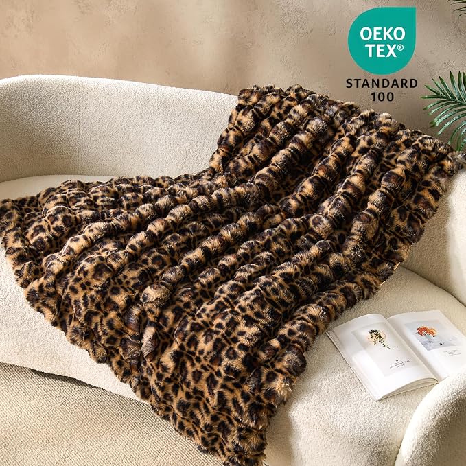 DOWNCOOL Large Faux Rabbit Fur Throw Blanket, Soft Fluffy Fuzzy Plush Bubble Blanket for Couch Sofa & Bed, Cozy Warm Luxury Fleece Minky Blanket, 90x90 Inches Leopard Print